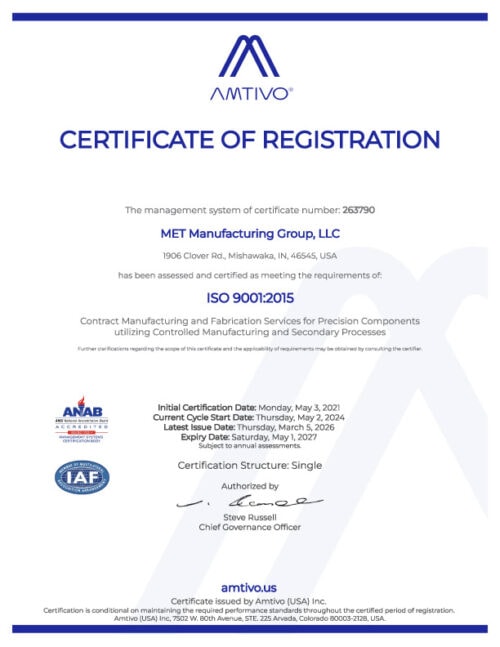 Certificate of Registration document for MET Manufacturing Group, LLC, displaying ISO 9001:2015 certification and company logos.