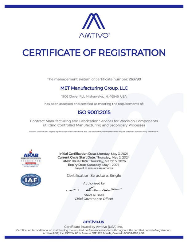 Certificate of Registration document for MET Manufacturing Group, LLC, displaying ISO 9001:2015 certification and company logos.