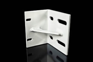 White metal L-shaped corner bracket with multiple slotted holes, used to support shelves or join two panels at a right angle.