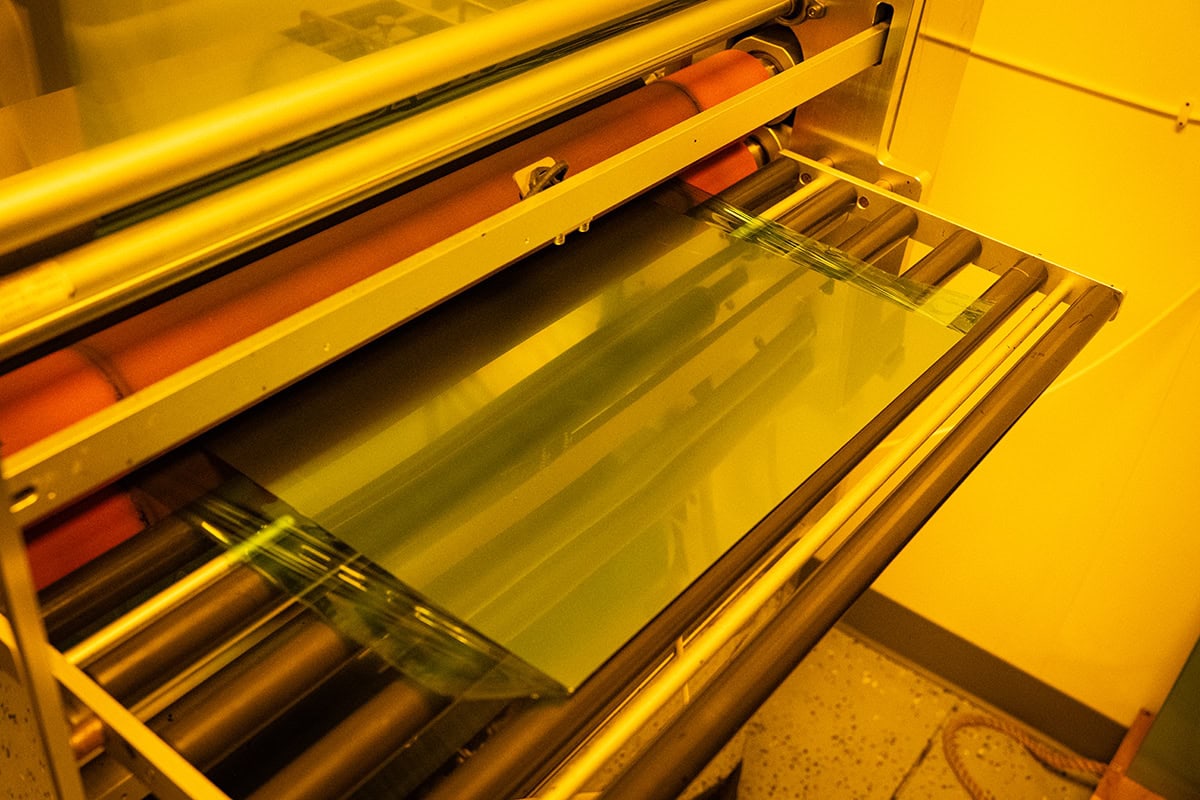 metal sheet being exposed to UV light before photochemical etching