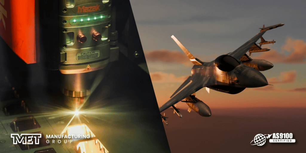 Split-banner image showing a welding process on the left with sparks and a Mazak machine, and a fighter jet soaring at sunset on the right with AS9100 certification logo.