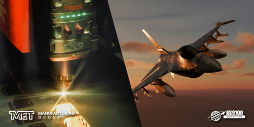 Split-banner image showing a welding process on the left with sparks and a Mazak machine, and a fighter jet soaring at sunset on the right with AS9100 certification logo.