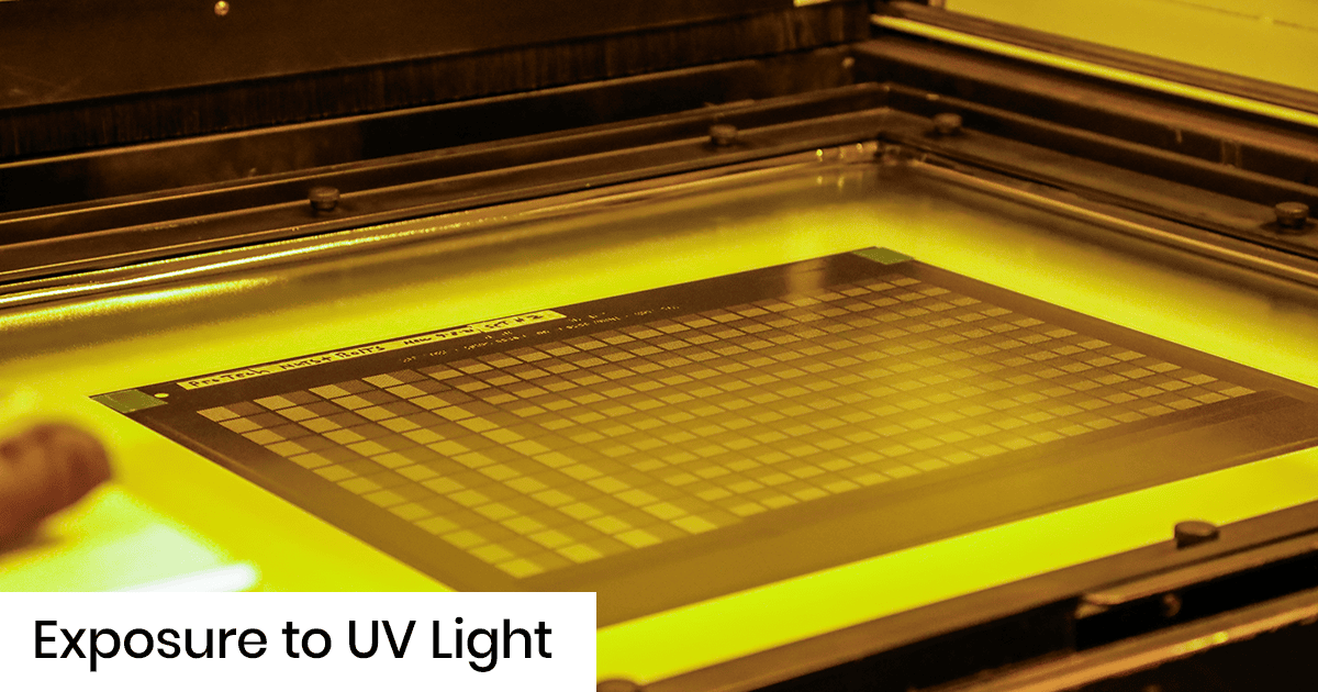 UV exposure unit with a lit grid panel bathed in yellow light, used in photolithography or printing processes
