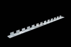 Long metal bracket with evenly spaced rectangular clips, likely a cable management rail on a black background.