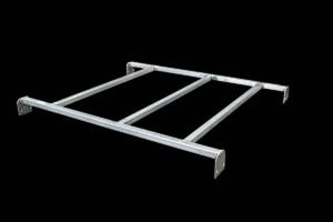 Galvanized metal rectangular frame with two long rails and crossbars, mounting brackets at corners, isolated on black background