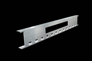 Aluminum mounting bracket with a long perforated flange and a rectangular cutout on a black background
