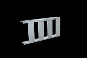 Silver metal structural profile with three rectangular cutouts, on a black background.
